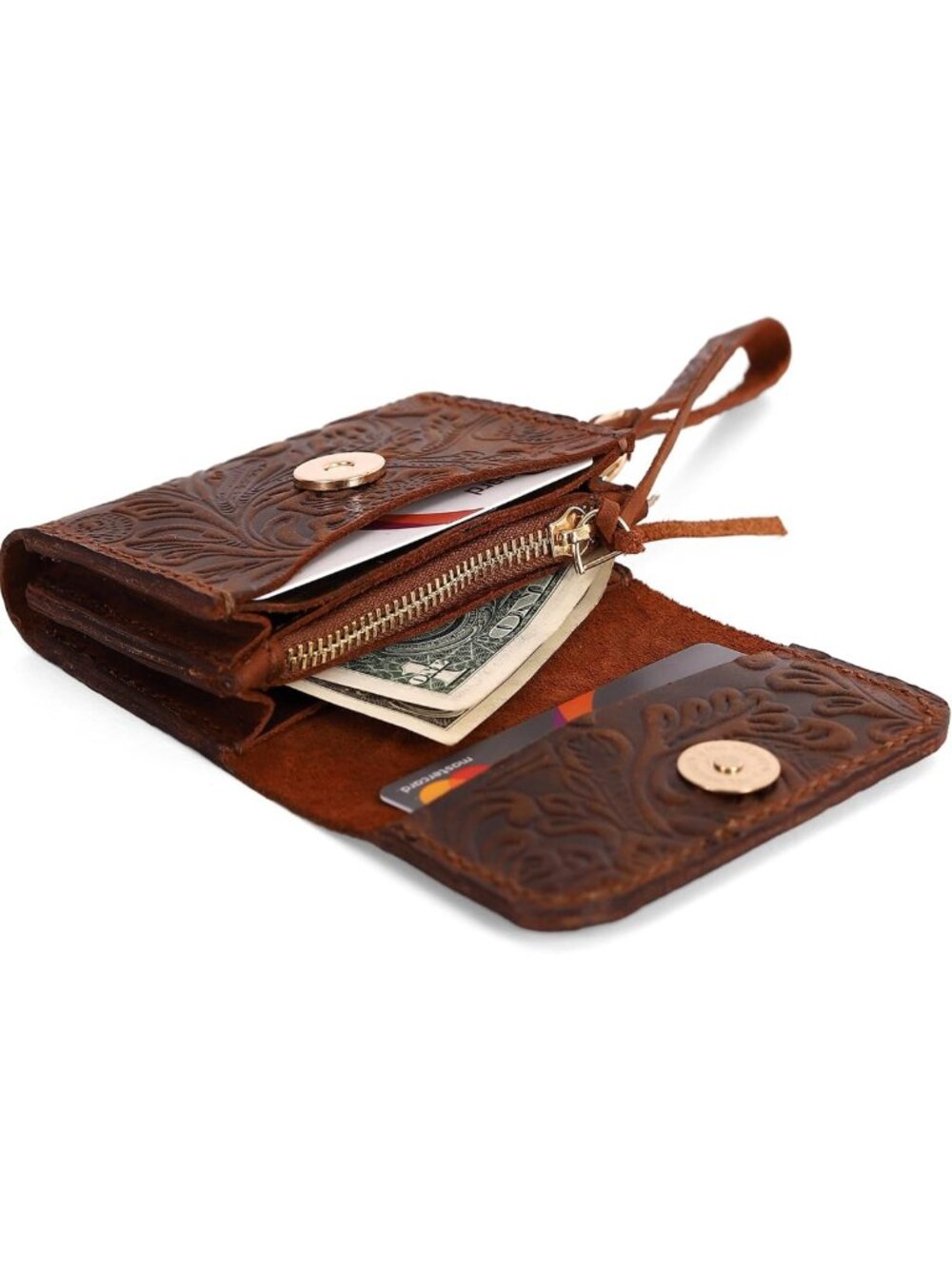 Handmade Floral Leather Wristlet Wallet for Women - Cute Zipper Coin Pouch, Dark